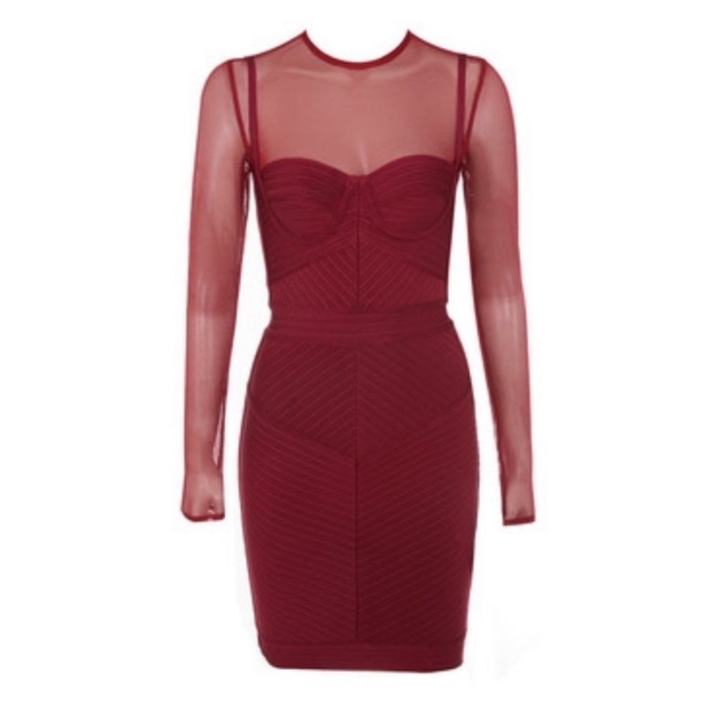 House of CB Noelle wine red bandage bodycon sheer sleeve mini dress XS